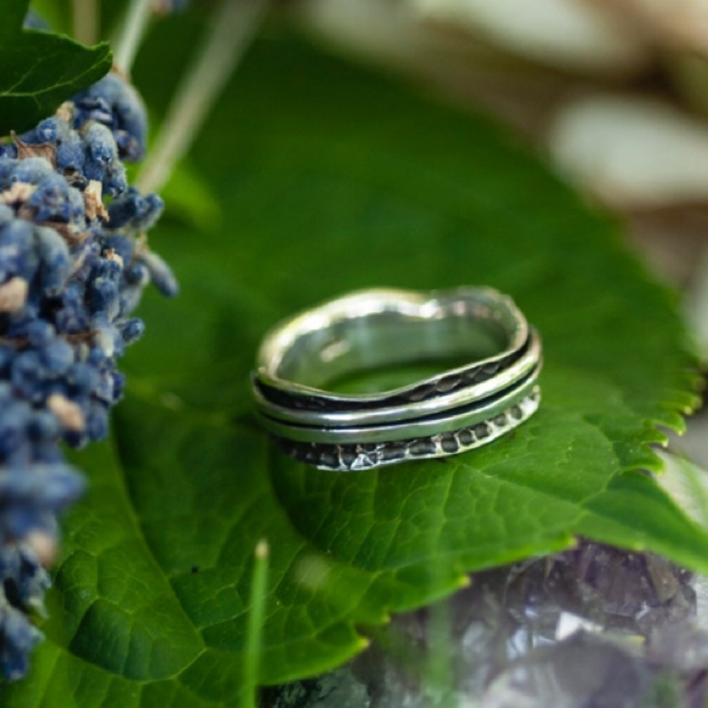 Handmade 925 Sterling Silver Ring - Black with Double Silver Bands in Middle